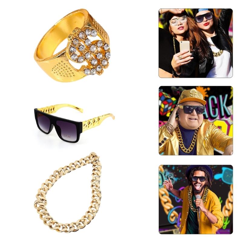Hip Hop Costume Kit Dollar Sign Pendant Necklace Adjustable Hat Hip Hop Dollar Rings Sunglasses Bracelets Set Gifts