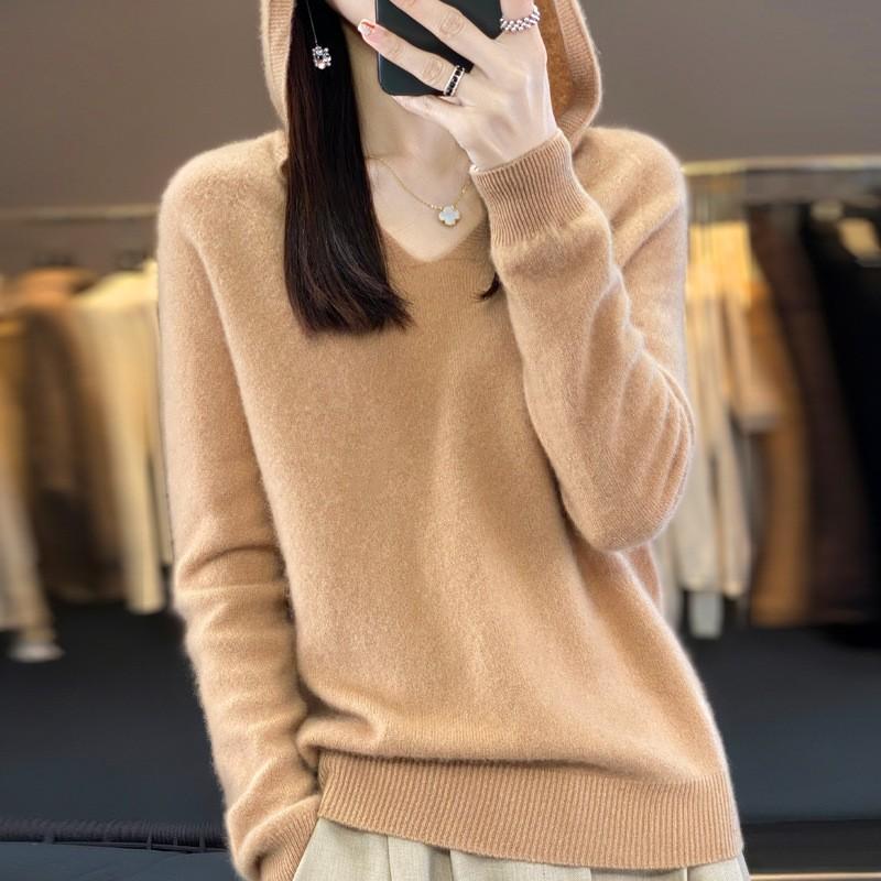 Women's Fall/Winter V-Neck Hooded Pullover Sweatshirt Cropped Knit Sweater