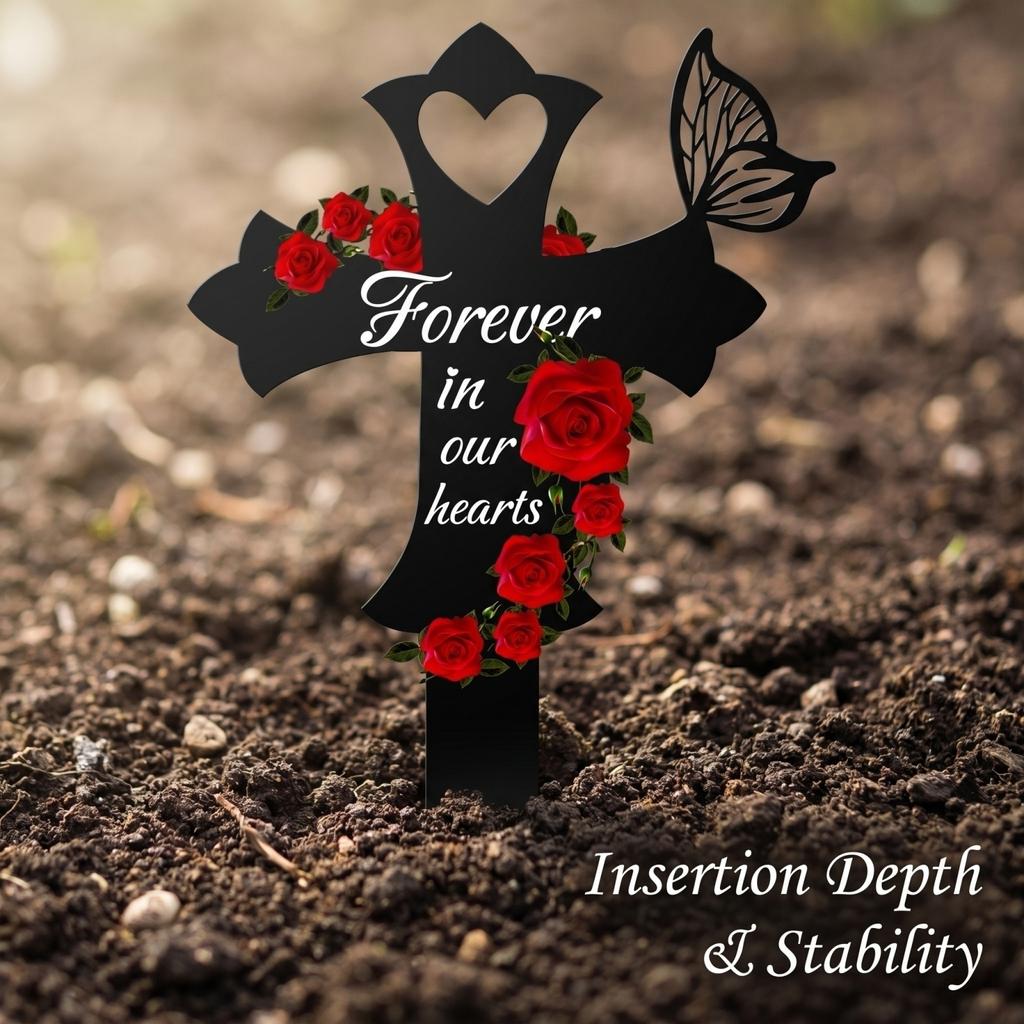 Memorial Cross Stake with Butterfly Heart and Rose Floral Print for Outdoor Garden Grave Decoration