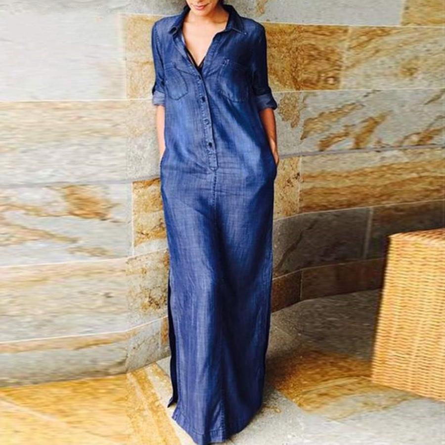 Women's Elegant Fashion Oversized Long Sleeve Shirt Dress Denim Maxi Coat Dress