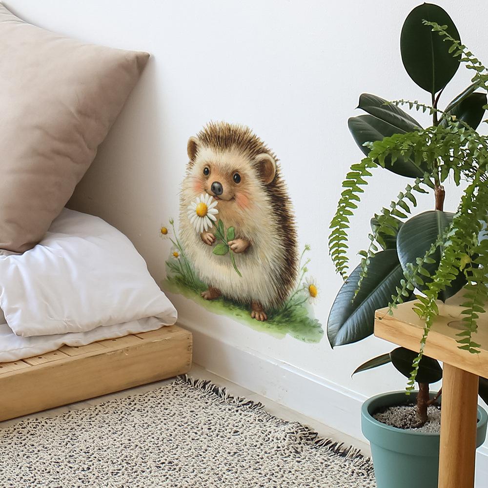 Cartoon Hedgehog Picking Daisies Living Room and Dining Room Background Wall Decoration Stickers