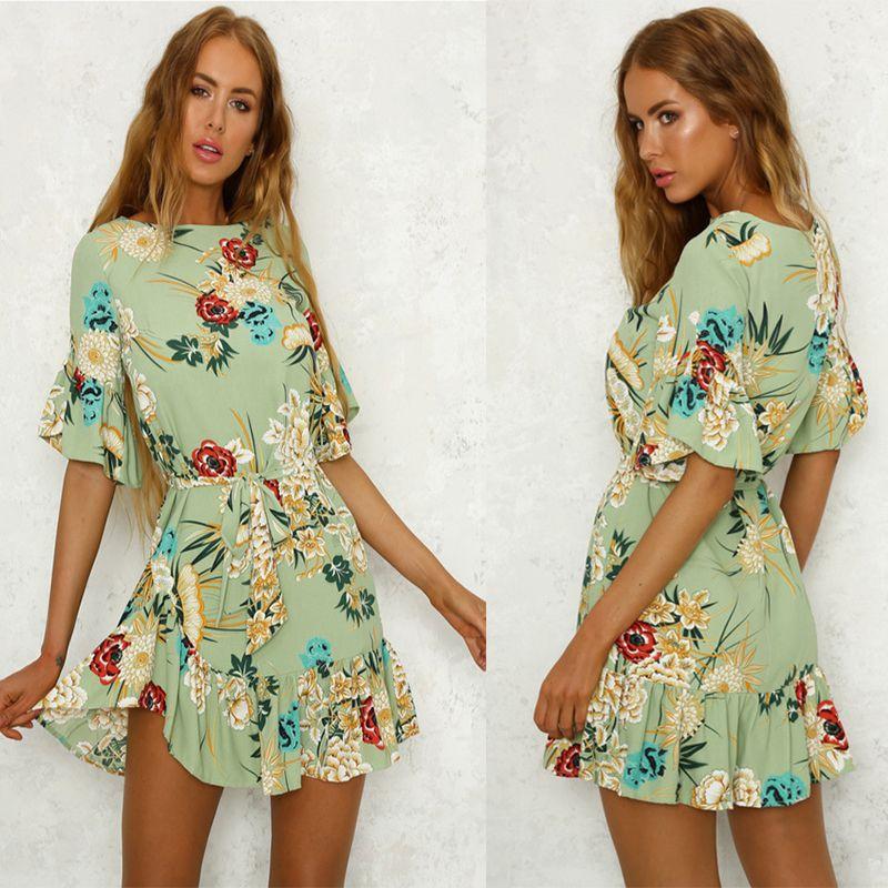 Stylish Womens Mini Ladies Dress Floral Print Ruffle V Summer Beach Sundress For Every Occasion
