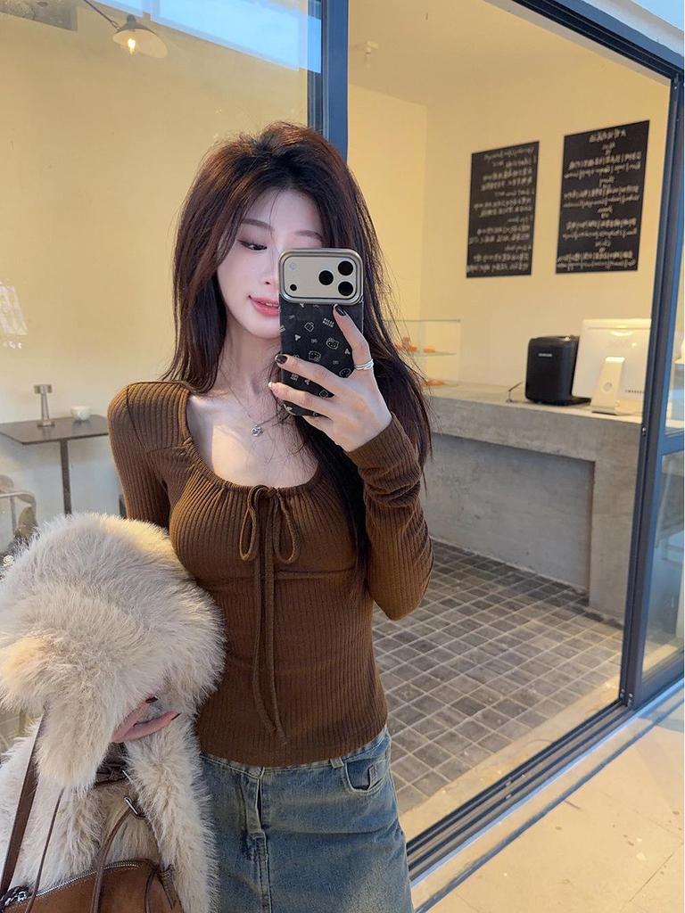 Women's Strappy U-Neck Long Sleeve Knit T-shirt - Slim Fit, Elastic Base Layer for Autumn/Winter 2025