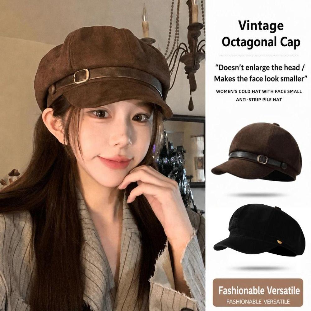 Leather Belt Decor Newsboy Cap British Style Octagonal Beret Hat Retro Baker Boy Cap For Women