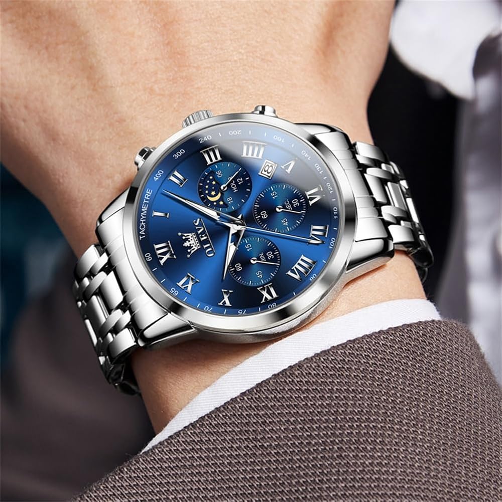 OLEVS Multifunction Men's Watch Stainless Steel Classic Quartz Analog Waterproof Date Luminous Fashion Timepiece