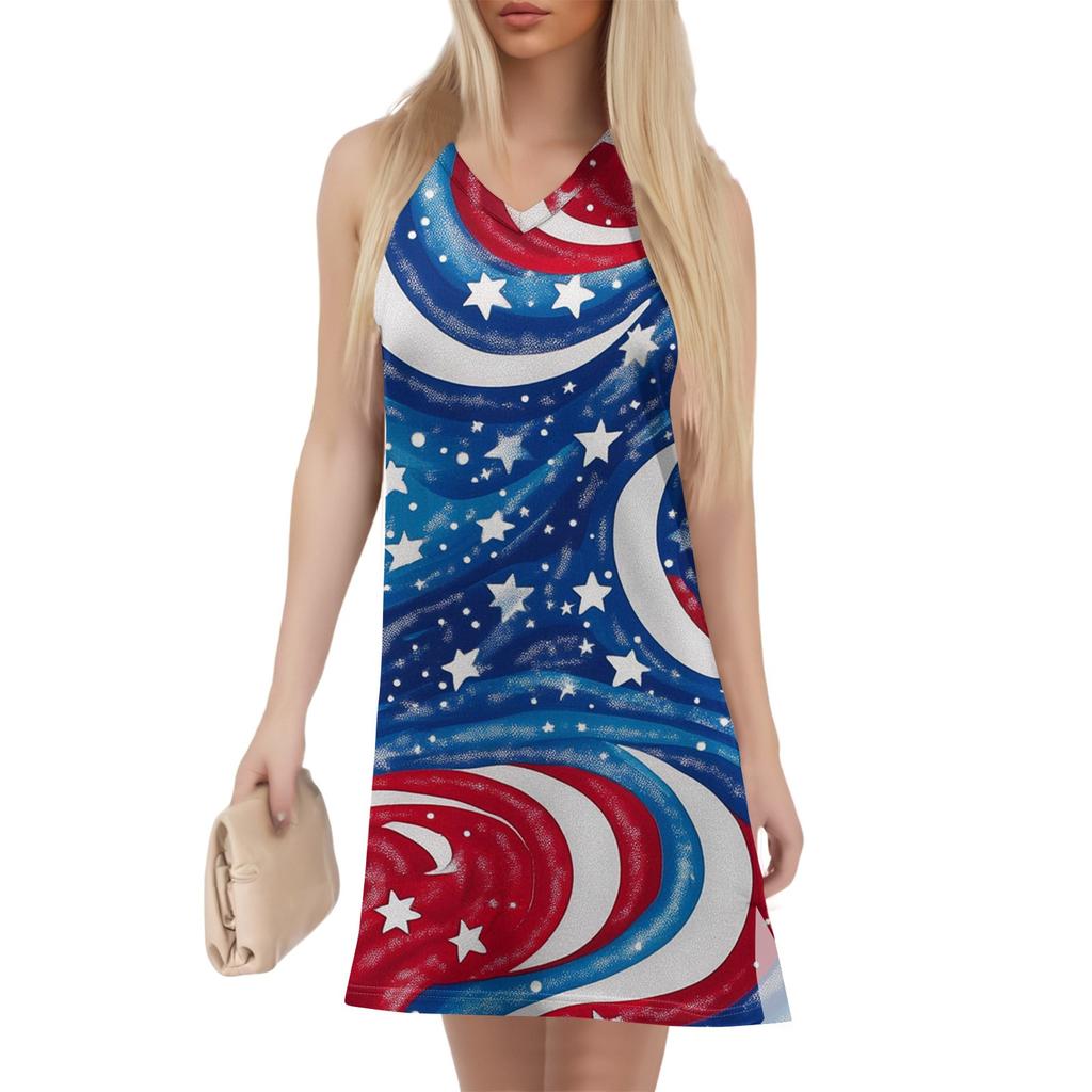 Rochie de vară casual de plajă cu gât în V pentru femei, fără mâneci, cu imprimeu de Ziua Independenței