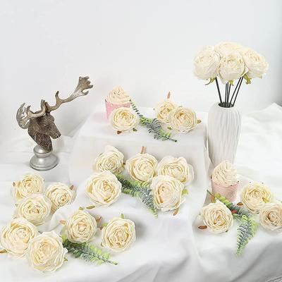 25 Pieces Artificial Flower Head Vintage White Rose Dried Flower Artificial Rose Head Silk Fake Rose for Wedding Centerpiece Decoration