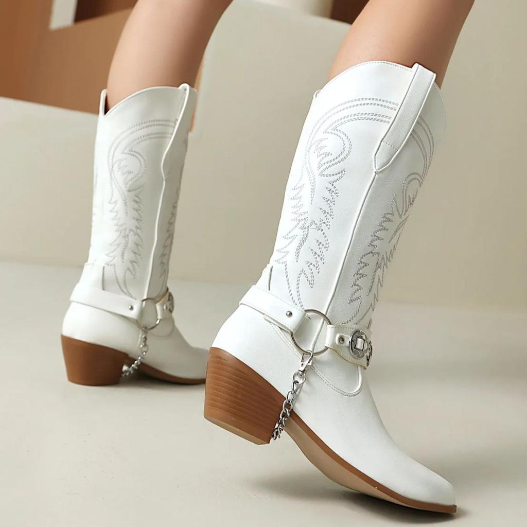 Fashion IPPEUM Women Cowboy Boots Mid Calf Western Shoes Silver Pu Leather Block Heel Plus Size 44 Mid Calf Cowgirl Shoes