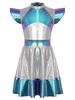 Girls Alien Cosplay Costume Cap Sleeve Glossy Metallic Color Block Dress Outer Space Role Play Party Dress