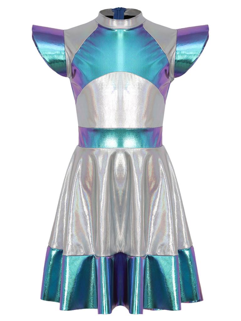 Girls Alien Cosplay Costume Cap Sleeve Glossy Metallic Color Block Dress Outer Space Role Play Party Dress