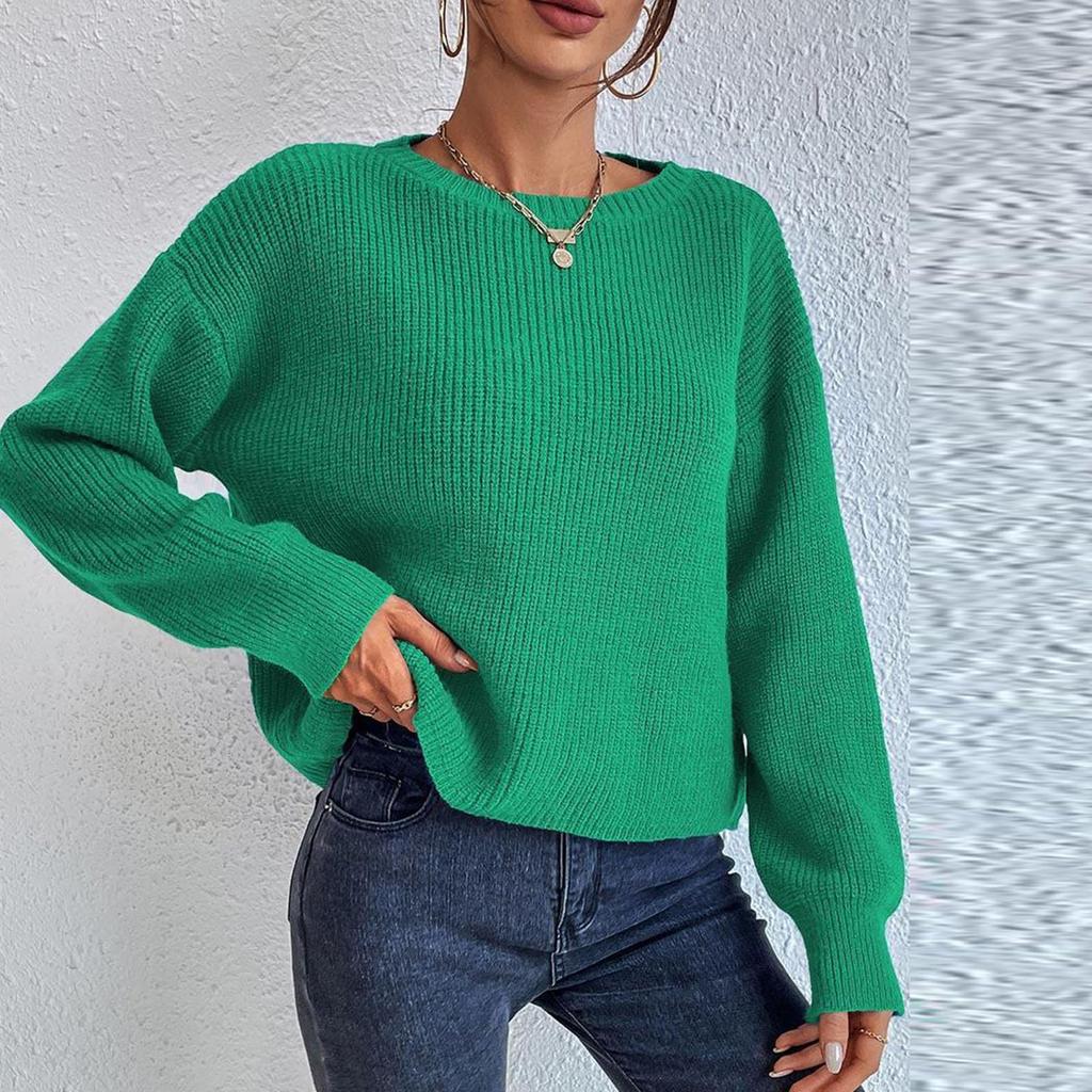 Women's Fashion Casual Crewed Neck Pullover Long-Sleeve Bolded Knit Sweater Top