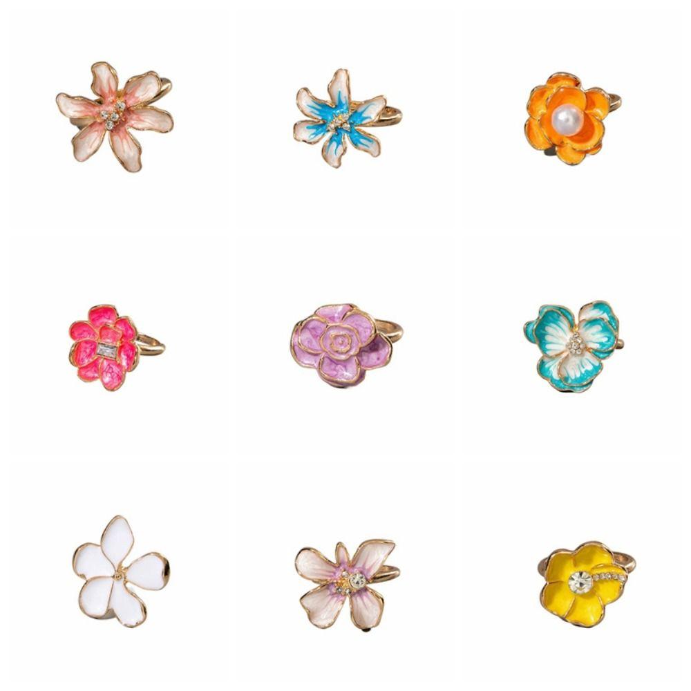 Camellia Flower Flower Ring Dripping Oil Korean Style Enamel Finger Ring Baroque Rhinestone French Irregular Ring Jewelry