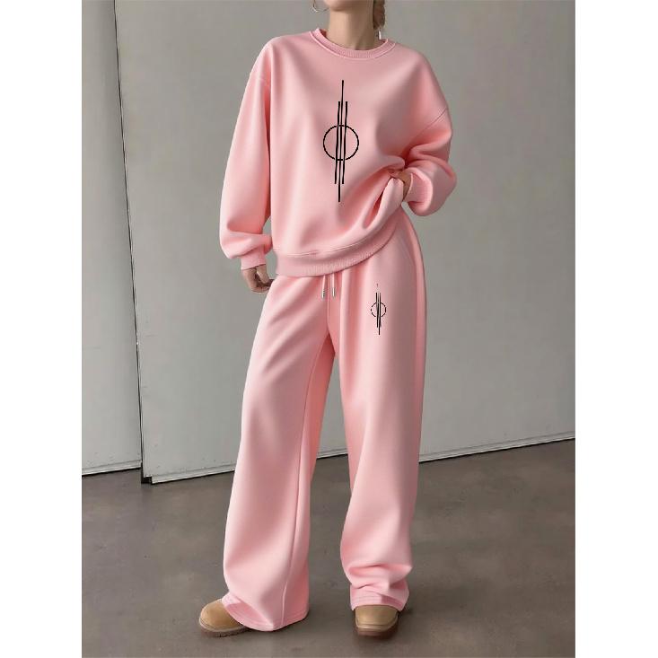 Women's Crewneck Sweatshirt & Drawstring Straight-Leg Pants 2-Piece Set, Printed Lounge Set, Fall/Winter Casual Outfit
