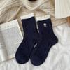 5 pairs Women Navy Bear Australian Velvet Mid Calf Socks Autumn Winter Fleece Thick Warm Heart Lace Trim Indoor Floor Socks Cozy Home Thermal Hosiery