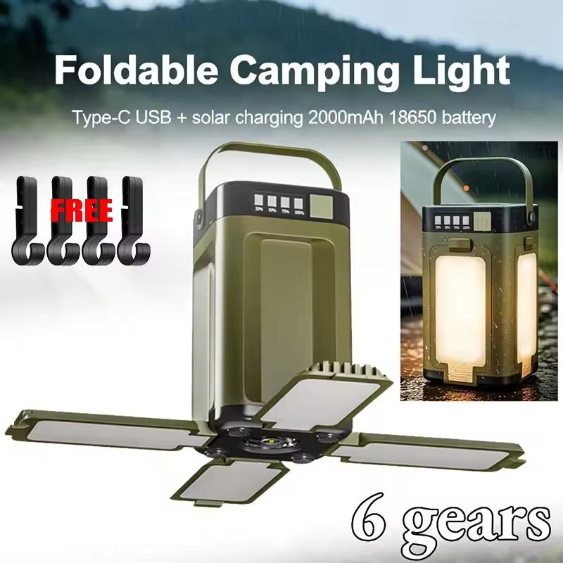 Outdoor Solar Light Type-C Rechargeable Flashlight Portable Foldable Camping Light Power Bank LED Tent Lights for Camping Hiking