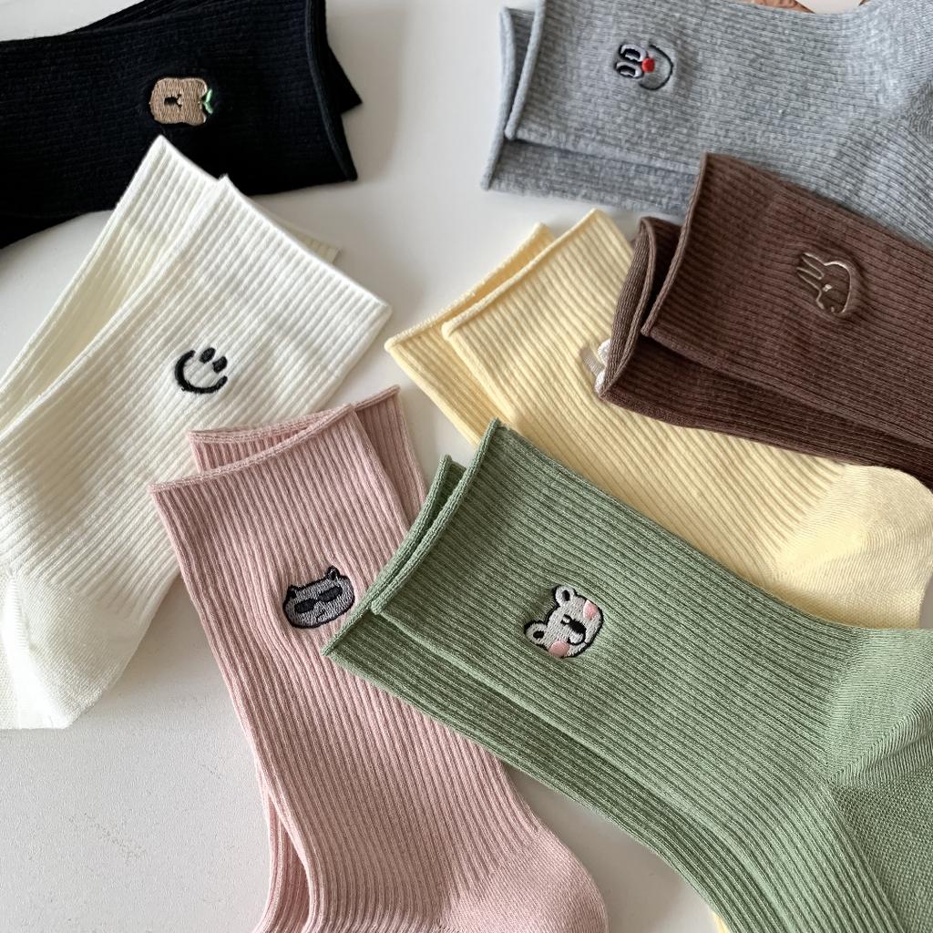Dongdaemun Women'S Socks Double Needle Cartoon Expression Smiley Face Animal Embroidery Women'S Cotton Socks Medium Tube Socks Stacking Socks