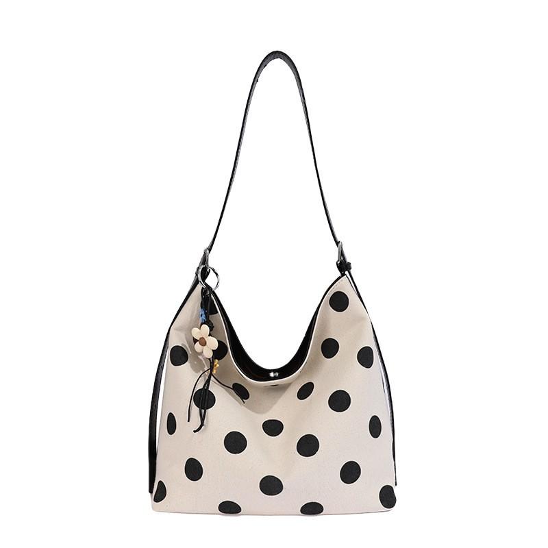Korean Style Polka Dot Tote Bag Women Large Capacity Linen Look Shoulder Commuter Bucket Crossbody