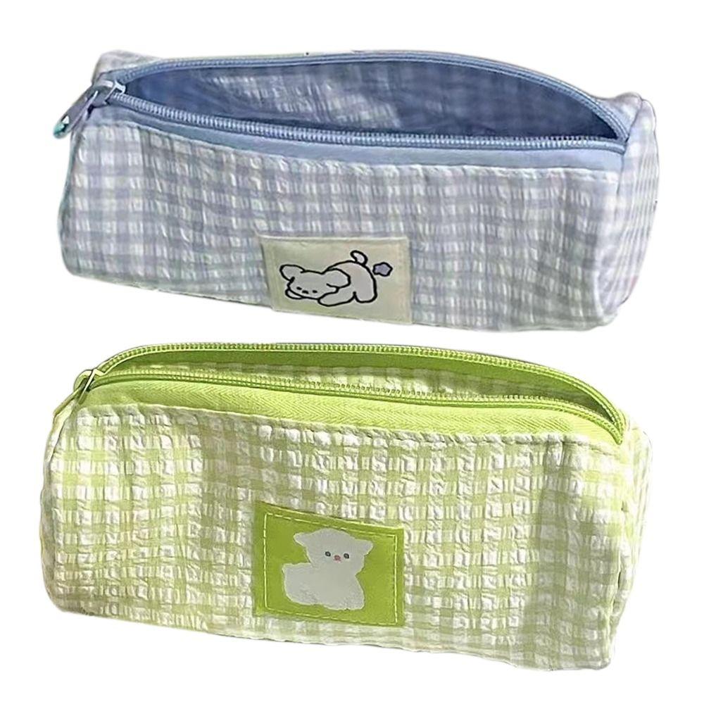 Large Capacity Grid Pencil Case Blue/Green Pencil Pouch Small Fresh Stationery Organizer Student
