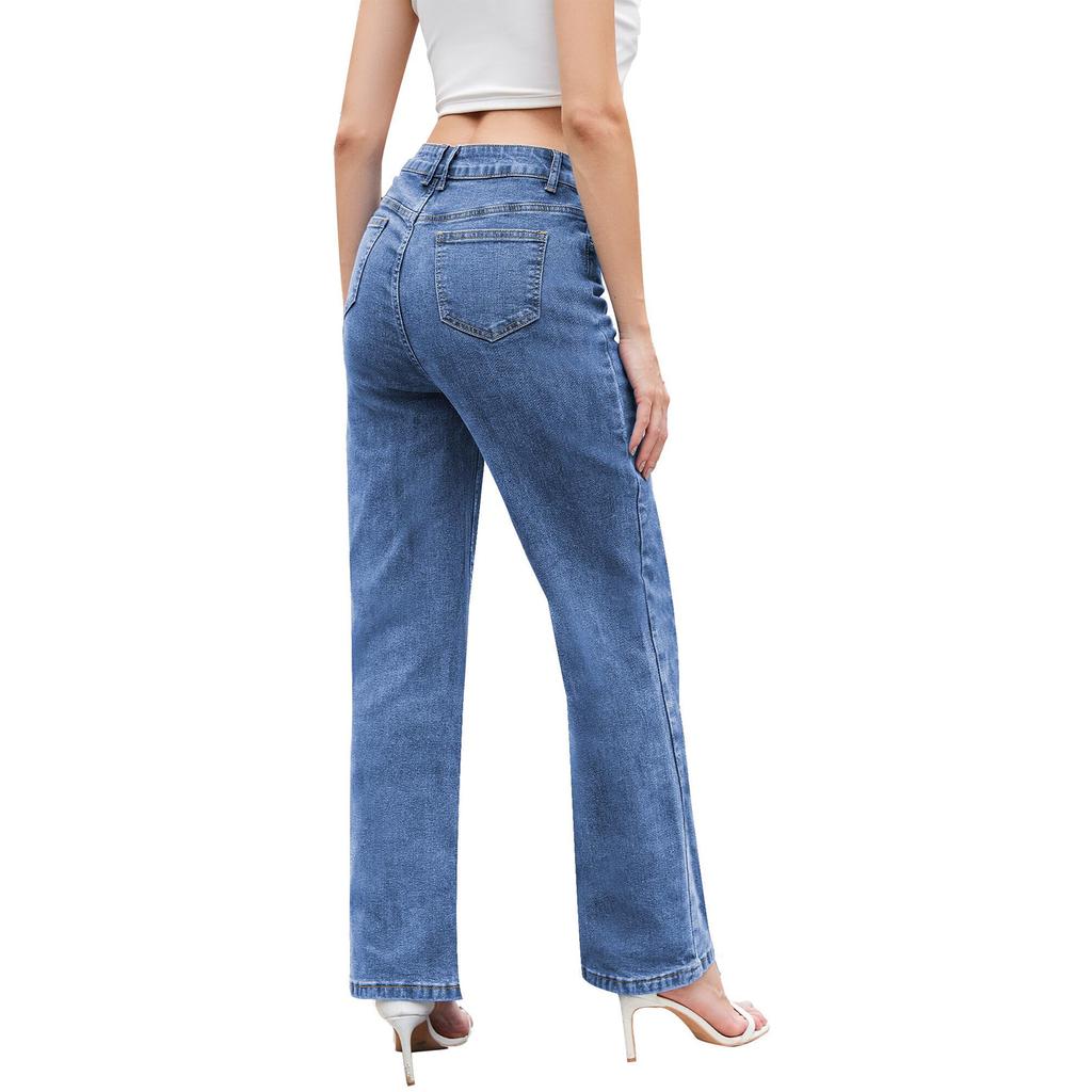 Womens High Waisted Jeans Stretchy Flared Straight Leg Loose Trendy Hem Denim Pants