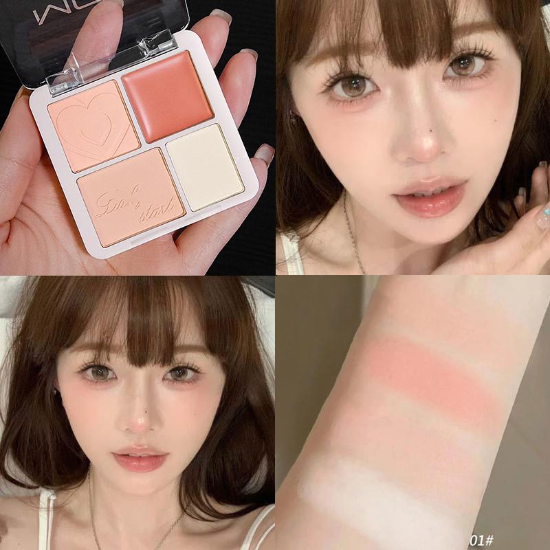 4 Farben Rosa Pfirsich Rouge Puder Creme Palette Highlighter Matt Expandierende Farbe Aufhellendes Gesichts Rouge Make-up Wangenfarbe