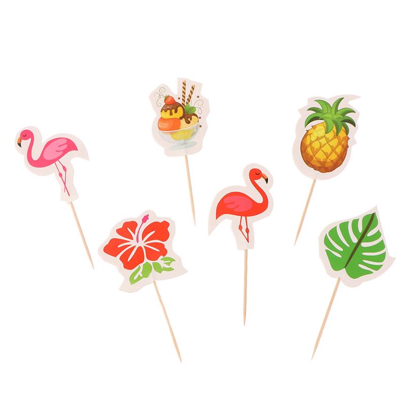 24Pcs Luau Cupcake Toppers Hawaiian Toothpicks With Flamingo Pineapple Palm Leaves Shape Picks Tropical Summer Beach Party Decor
