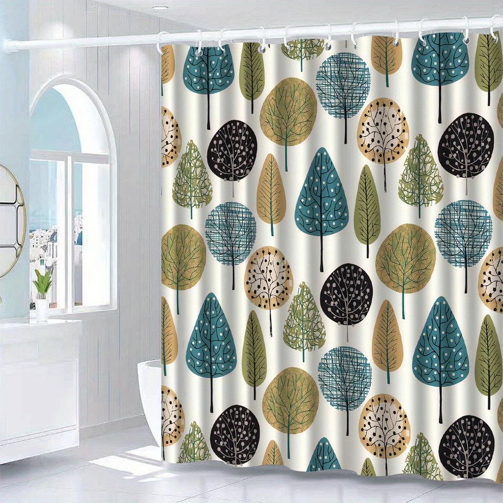 Elegante Tenda da Doccia con Motivo ad Albero, Blu/Verde/Beige/Nero, Lavabile in Lavatrice, Include Ganci, Decorazione Bagno Multifunzionale