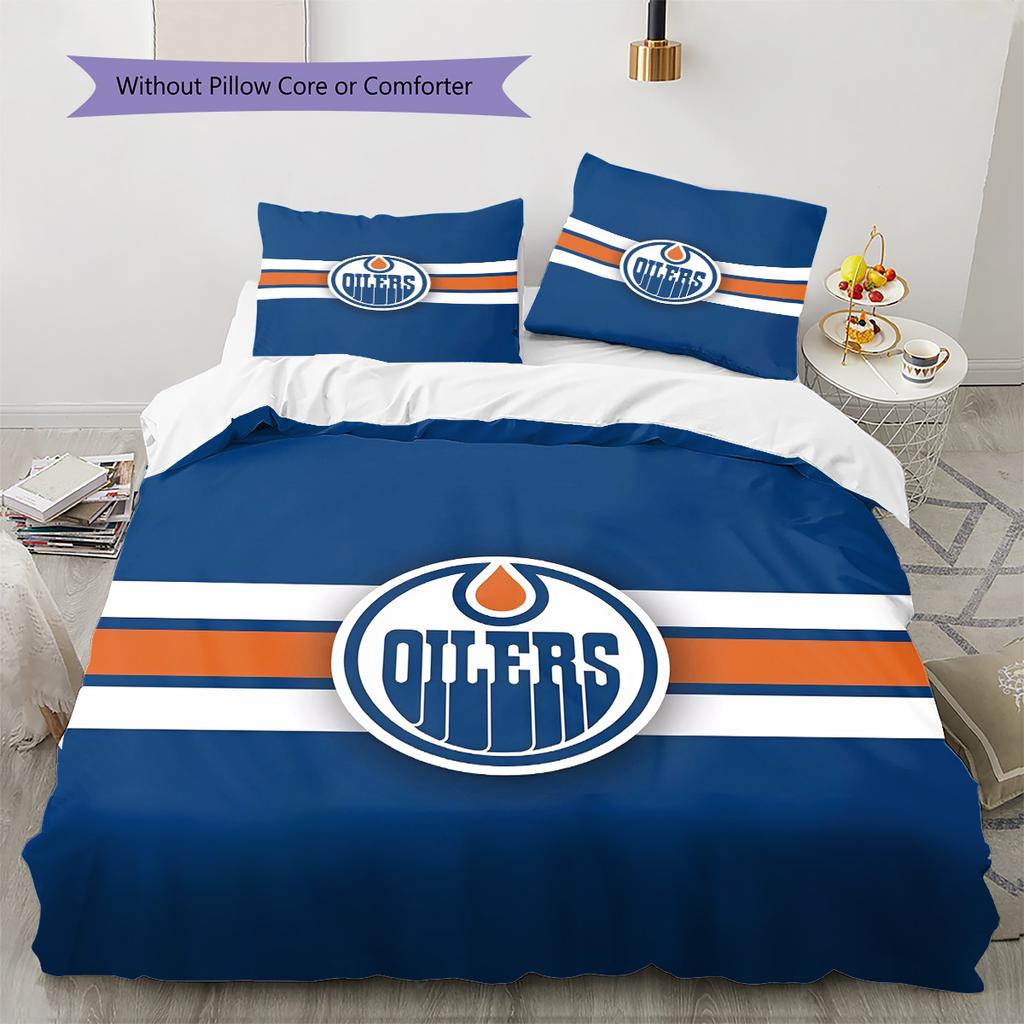 Edmonton Oilers Pattern Bedding Quilt Set  Home Decoration  Gift (1 * Duvet Cover + 2 * Pillowcase  Without Core)