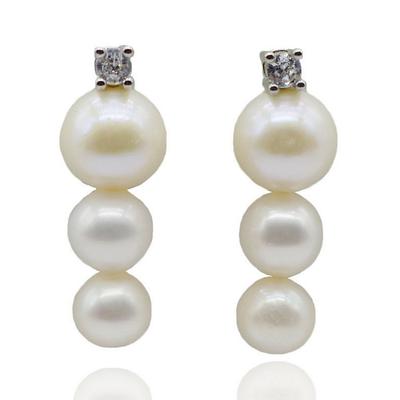 Pendientes de Botón de Perla Redonda Natural Pendientes de Botón de Plata de Ley Disposición Colgante de Bola Pendientes Largos de Botón para Mujer