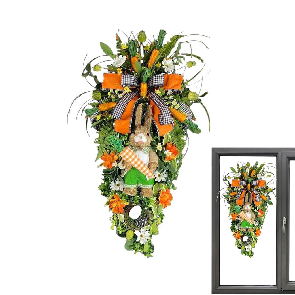 Easter Teardrop Wreath Ornament Easter Bunny Carrot Wreath Artificial Rabbit Carrot Teardrop Swag Decor For Front Door Porch