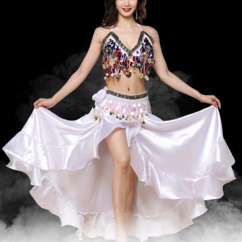 

Костюм для танца живота для взрослых и женщин, Восточная юбка для танца живота, сценическое представление, комплект из 3 предметов, бюстгальтер, юбка с поясом, одежда для танца живота M белый