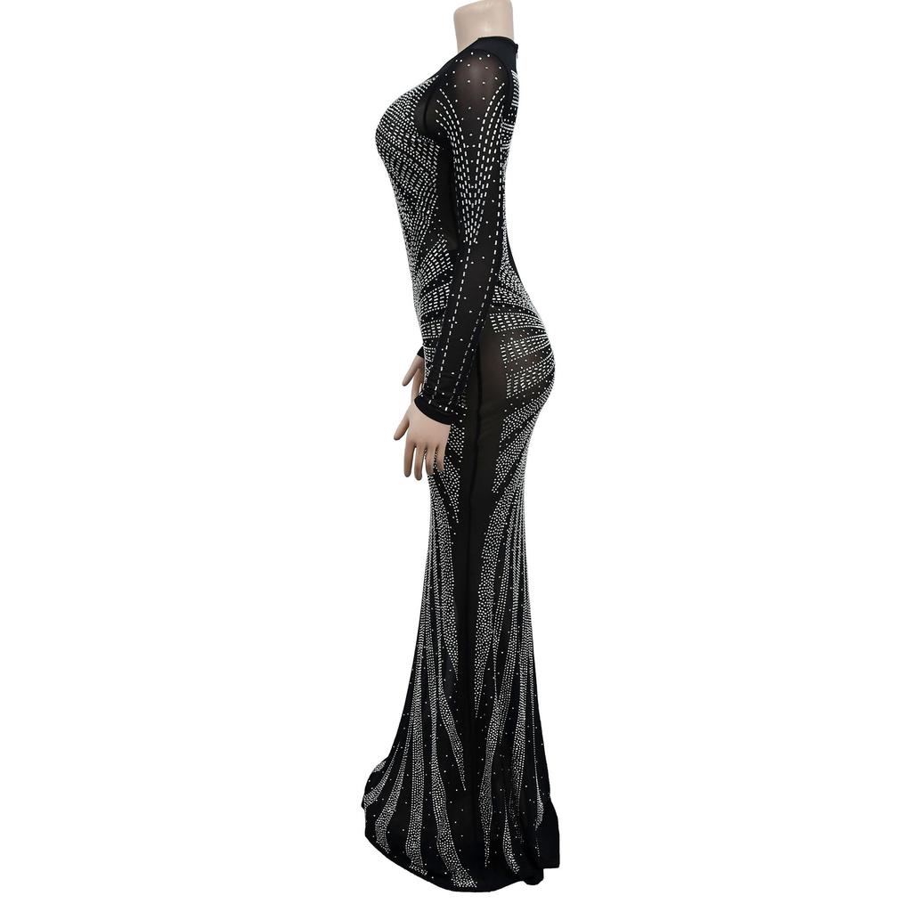 Vestido de noche Vestido largo de manga larga con diamantes de imitación transparentes de malla de color sólido para mujer a la moda