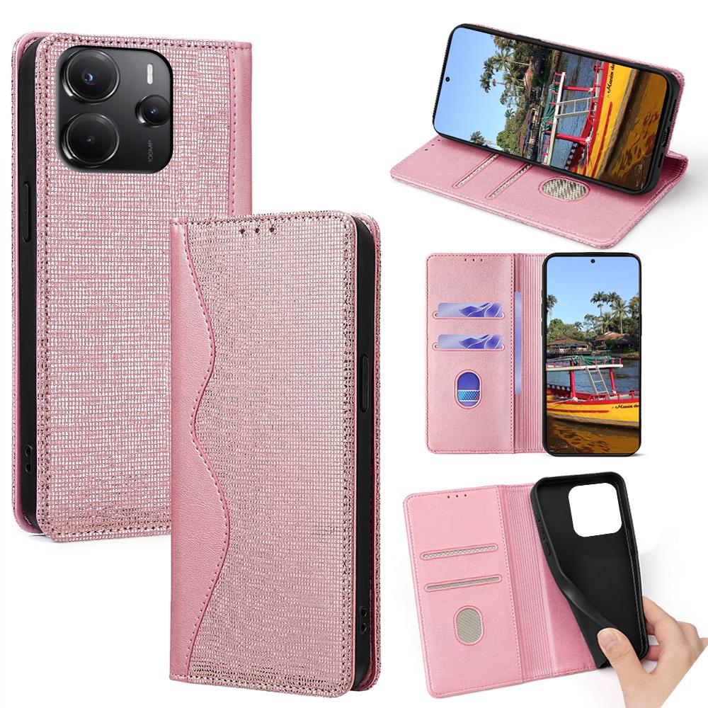 

For Xiaomi Redmi Note 14 4G (164.84mm) Case Wave Shape RFID Blocking PU Leather Wallet Stand Phone Cover Rose Gold