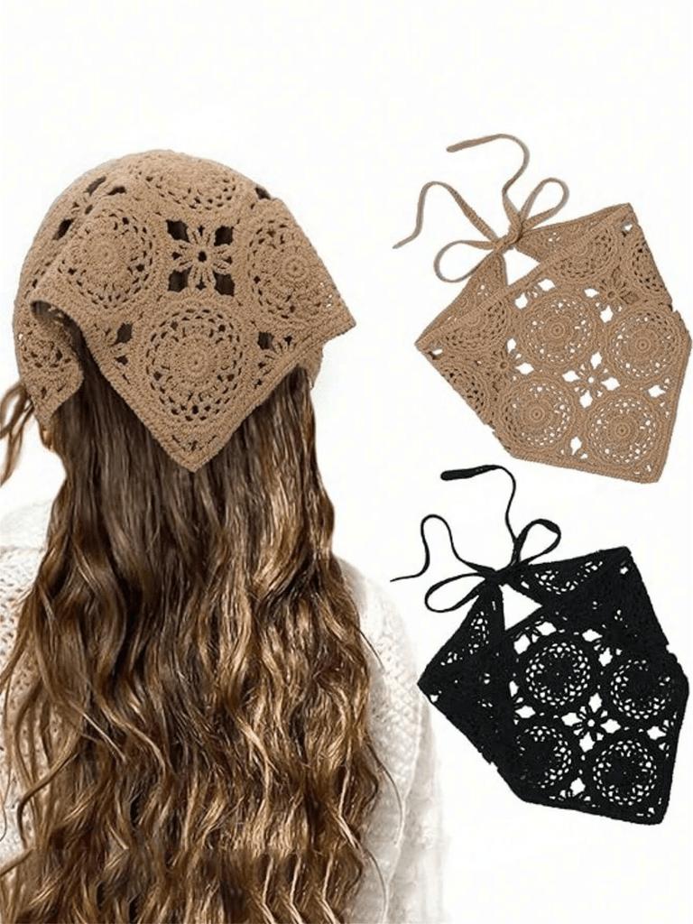 1pc Hollow Flower Headscarf Triangle Scarf, Countryside Style Headwear, Beach Accessory, Retro Headband, 2026 New Arrival