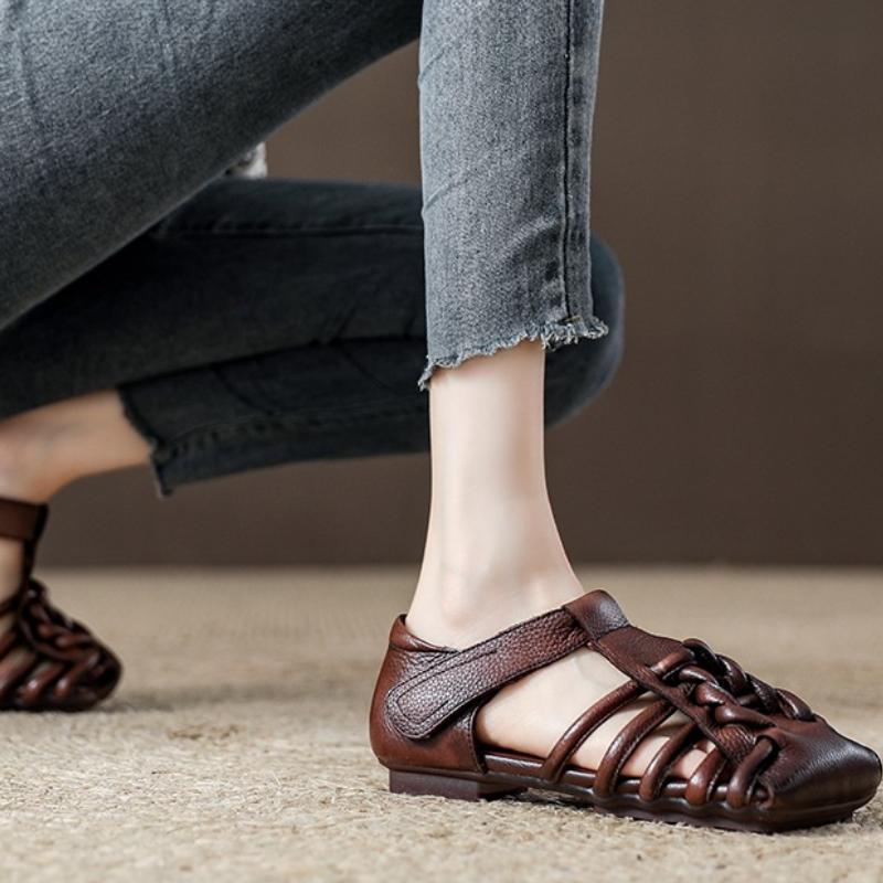 Sandalias Genuinas Mujer Hechas a Mano Tejidas Estilo Literario Huecas Planas Romanas Zapatos de Verano para Señoras Sandalias
