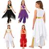 Kids Girls Lyrical Dance Outfit: Metallic Patchwork Sleeveless Dress with Asymmetrical Hem & Matching Wide-Leg Pants for Church Performance