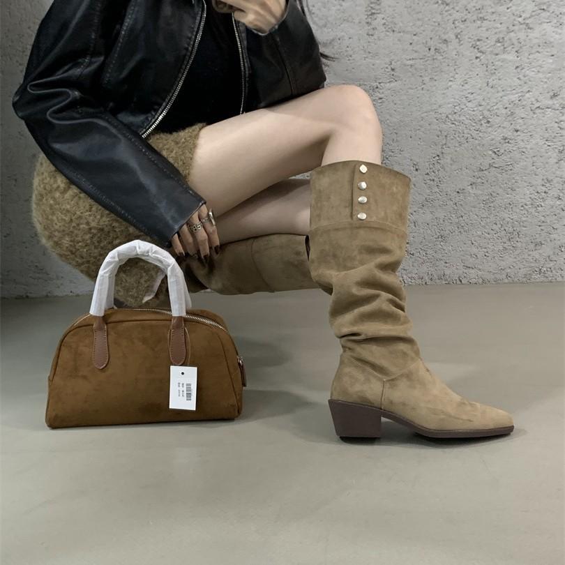 Pointed Boots 2025 Autumn and Winter New Women's Boots Thick Heel Short Boots Two Wear Pleated Piled Boots But Knee Boots