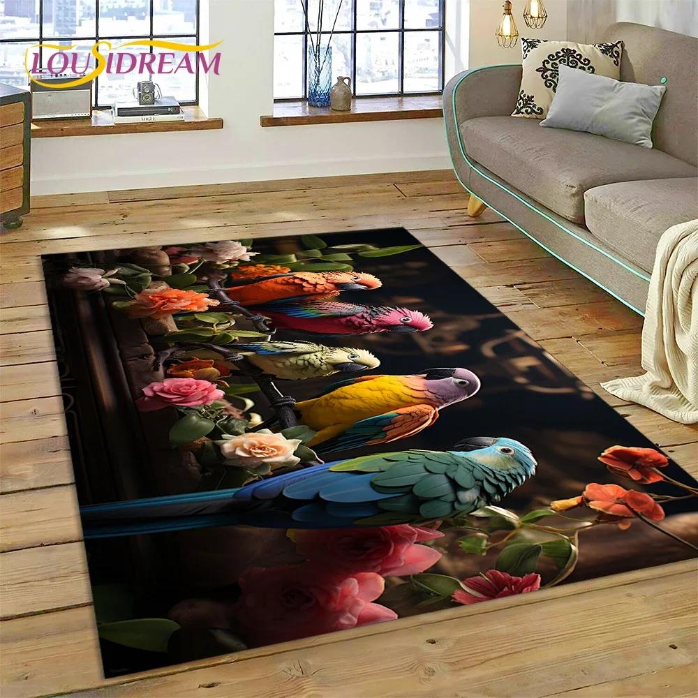 Niedlicher Teppich mit Traumvögeln, Papagei, Pfau, Cartoon-Motiv, für Schlafzimmer, Wohnzimmer, Zuhause, Sofa-Dekoration, Kinderspiel, große Deko-Bodenmatte