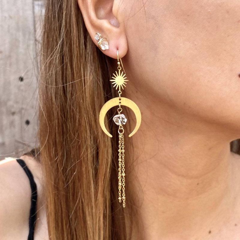 Bohemian Crystal Sun and Moon Tassel Earrings