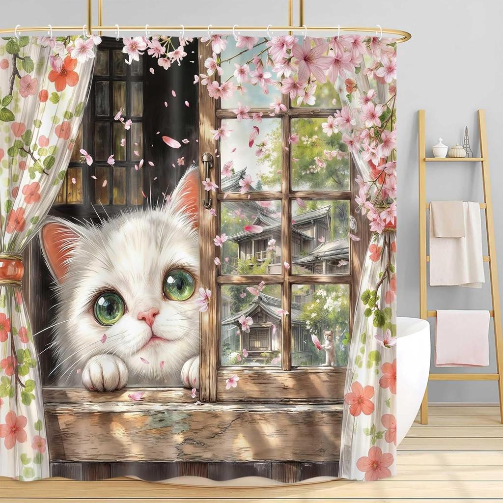 Japanese Cute Cat Shower Curtain Asian Japanese Funny Anime Pink Cherry Blossoms Retro Floral Shower Curtain for Bathroom Decor