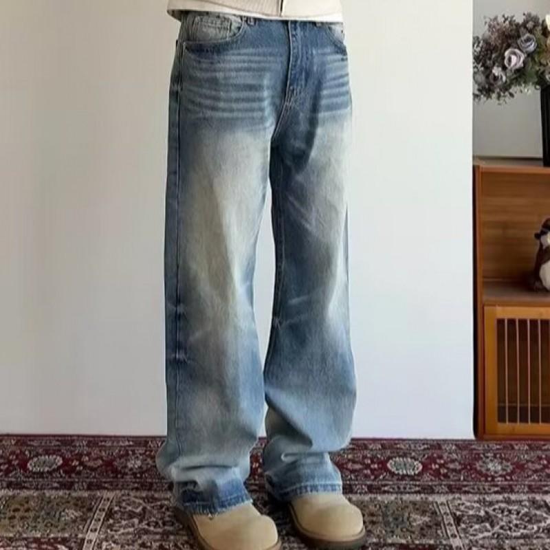 Vintage Distressed Straight Leg Wide Fit Denim Pants Men Women Mid-Rise Loose Jeans Washed Cotton Fall