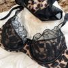 Sexy Dámská Lingerie Set s Leopradím Vzorem Francouzská Krajka Květinová Výšivka Síťovaná Podprsenka Pohodlná Push-Up Podprsenka Šarm Dámské Spodní Prádlo