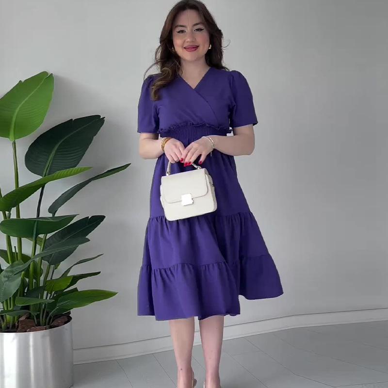 

2024 European & American Women s Solid V-Neck High Waist Swing Dress Large фиолетовый