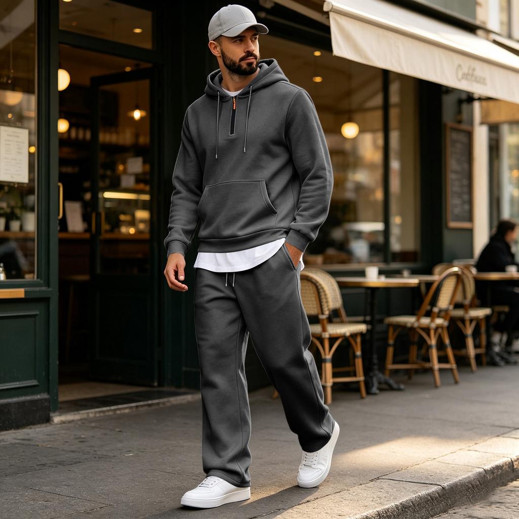Men's Warm Lined Hoodie and Wide Leg Cargo Pants Set, Casual Relaxed Fit for Outdoor Sports