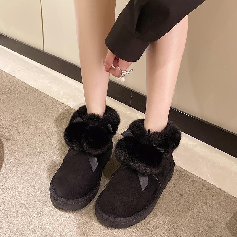 Women's Cute Fur Ball Fashion Lightweight Heightening Thick Sole Winter Warm Fur One Snow Boots Plush Lining Non-slip Casual Sports Cotton Boots