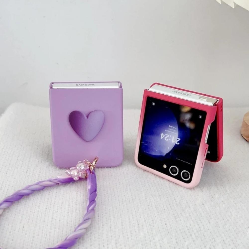 Luxury Candy Color 3D Love Heart Matte Phone Case for Samsung Z Flip 7 6 5 Gradient Bear Wristband Lanyard Shockproof protect Cover Samsung Flip7