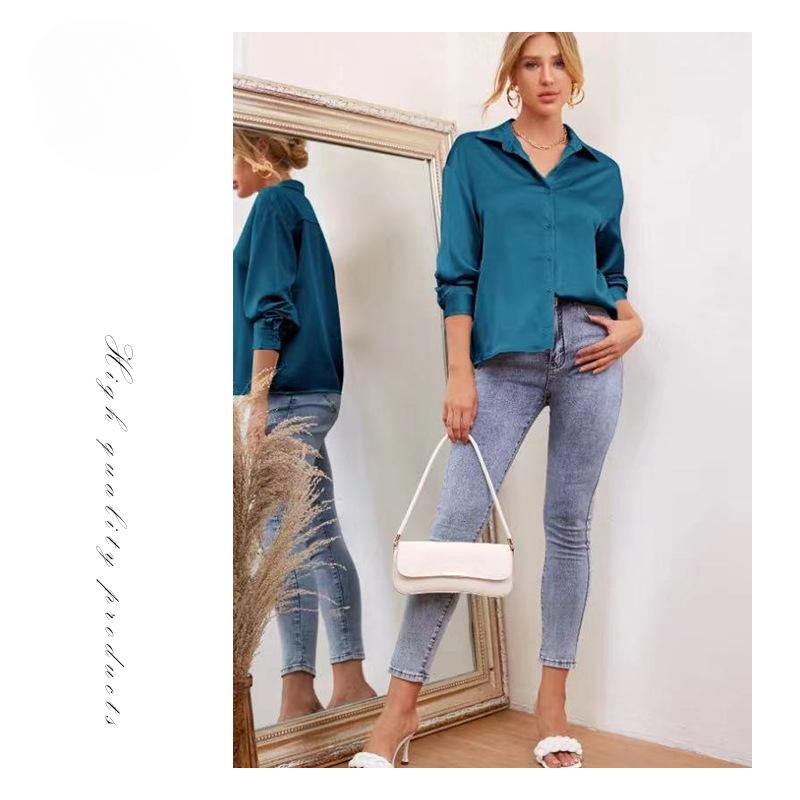 Spring Summer Satin Comfortable Casual Loose Long Sleeved Solid Color Lapel Shirt for Women Blouses & Shirts