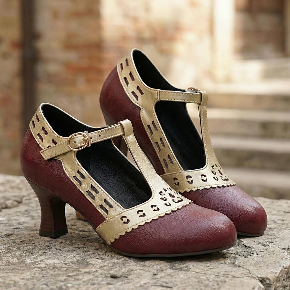 Women T-Strap Pumps  Kitten High Heels Cutout PU Shoes Small Oversize Plu Size 32 50