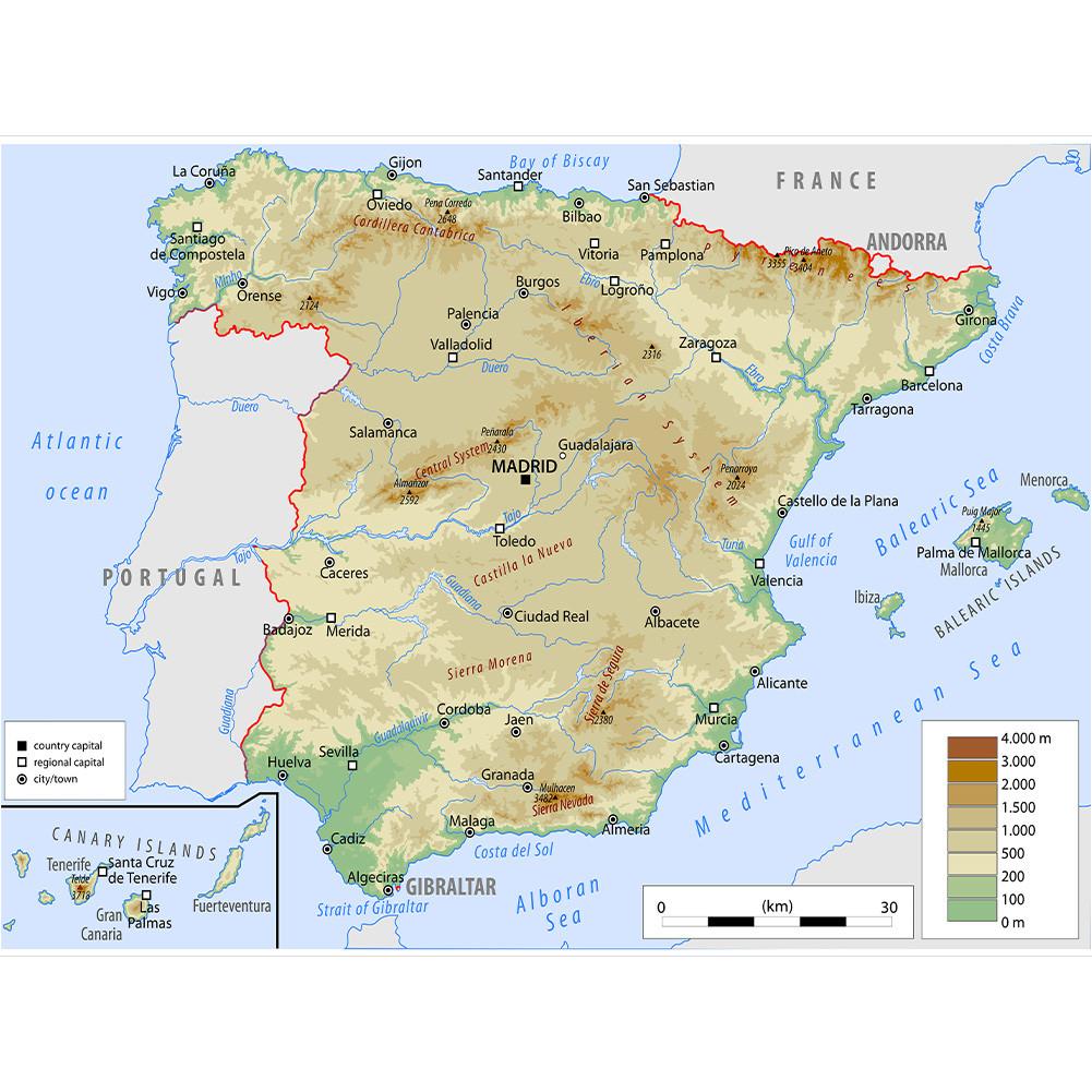 English Map Background Cloth-Spain Map-Terrain Decor Picture for Travel,Educational Tool,Photo Shoot Background