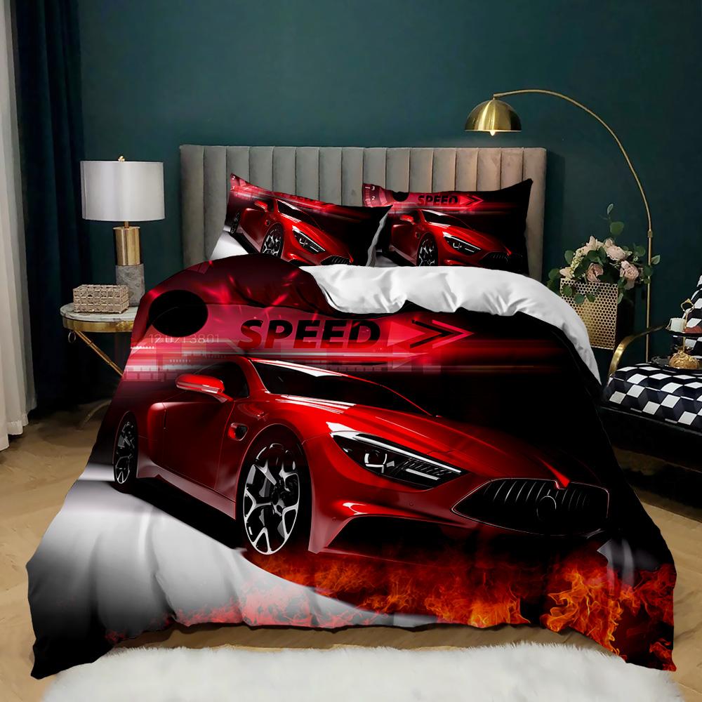 Võidusõiduauto voodipesu komplekt, kahekordne põlev punane tuletekikott 3D sportauto tekikott 3 tk. voodiriided kuningaga tekikott