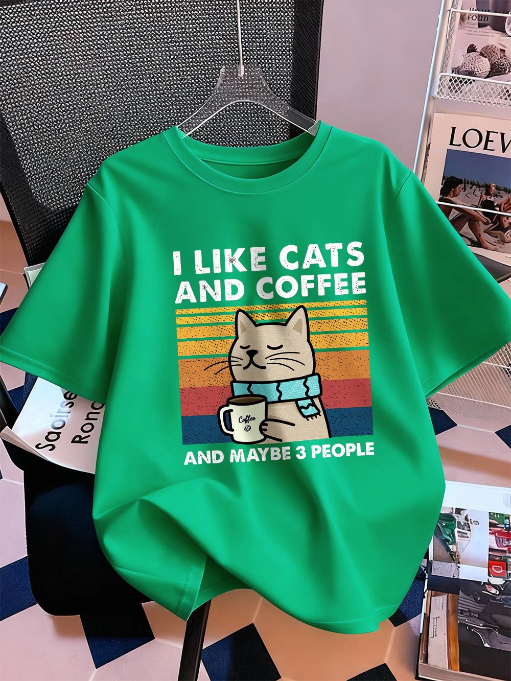 

I Like Cats Coffee Printed T-Shirts Womens Summer Cotton Short Sleeve T Shirt Loose O-Neck Comfortable Tops Casual Woman Clothes 4XL